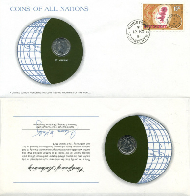 Восточно-Карибские штаты, Сент-Винсент 10 центов 1965 конверт с маркой первого дня гашения, Coins of Nations KM 5 медно-никель UNC 4294-71-3
