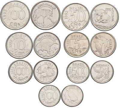 Бразилия лот из 7 монет 1992-1994 (100, 500, 1000 крузейро, 5, 10, 50, 100 крузейро рейс), животные UNC N2-25