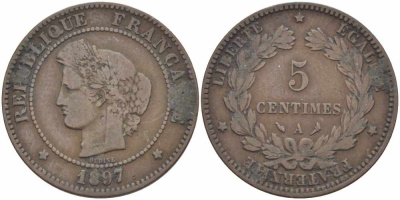 ФРАНЦИЯ 5 САНТИМОВ 1897 А, ТРЕТЬЯ РЕСПУБЛИКА (1871-1940) KM 821.1, LE FRANC 118.41 бронза 108-656
