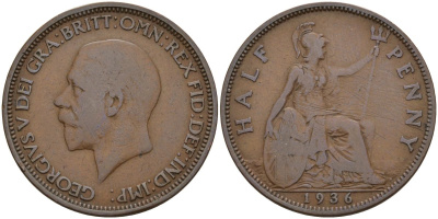 Великобритания 1/2 пенни 1936 Георг V (1910 - 1936) KM 837, Spink 4058 бронза 4153-816