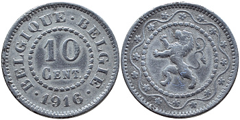 БЕЛЬГИЯ 10 САНТИМОВ 1916 НЕМЕЦКАЯ ОККУПАЦИЯ BELGIQUE BELGIE KM 81 цинк 86-1822