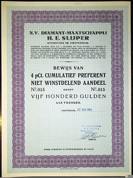 N. V. DIAMANT-MAATSCHAPPIJ H.E. SLIJPER ПРИВИЛЕГИРОВАННАЯ АКЦИЯ В 500 ГУЛЬДЕНОВ 1949 НИДЕРЛАНДЫ бумага 5553-40