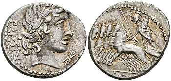 Римская Республика денарий 60 г. до н.э. монетарий Вибий Панса, голова Аполлона / Минерва в квадриге, Рим, 3,90 гр Crawf. 342/4 b; Syd. 685 серебро 1073-5-5-2