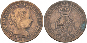 ИСПАНИЯ 2 1/2 СЕНТИМО 1868 OM, 4 POINTED STAR, ИЗАБЕЛЛА II KM 634.2 медь 3853-1232