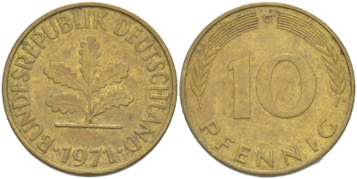 ФРГ 10 ПФЕННИГОВ 1971 G KM 108, J. 383 сталь плакированная латунью 4182-823