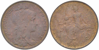 Франция 5 сантимов 1906 тип Дюпюи KM 842, LE FRANC 119.16 бронза 108-851