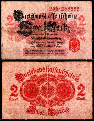 Германия 2 Марки 1914 Pick 54 бумага 6266-46-3-1