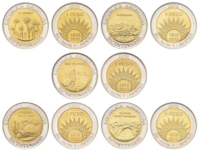 Аргентина полный набор серии из 5 монет (1 песо) 2010 200 лет Аргентине KM 156, 157, 158, 159 и 160 биметалл UNC 4662-711-715