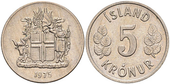 Исландия 5 крон 1975 KM 18 медно-никель UNC 4124-761