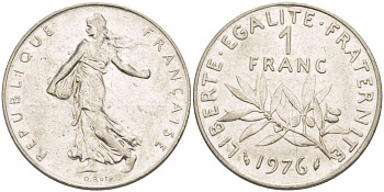 ФРАНЦИЯ 1 ФРАНК 1976 СЕЯТЕЛЬ KM 925.1, LE FRANC 226.21 никель 217-1123