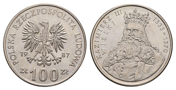 Польша 100 злотых 1987 Польские правители - Король Казимир III Великий Y 167 медно-никель UNC 4654-1025