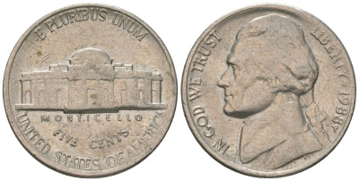 США 5 центов 1988 P, Томас Джефферсон KM A192 медно-никель 4561-142