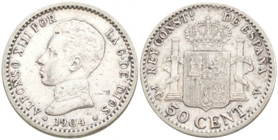 ИСПАНИЯ 50 СЕНТИМО 1904 (10) PC-V, АЛЬФОНСО XIII KM 723 серебро 44-926