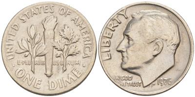 США 10 ЦЕНТОВ = 1 ДАЙМ 1976 РУЗВЕЛЬТ KM 195a медь плакированная медно-никелем 188-429