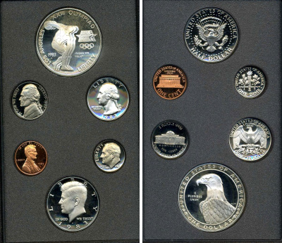 США набор из 6 монет 1983 в оригинальной пластиковой упаковке, коробка, сертификат серебро PROOF 3-4-10-5