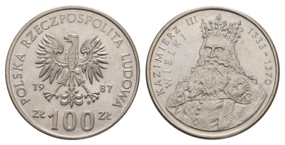 Польша 100 злотых 1987 Польские правители - Король Казимир III Великий Y 167 медно-никель UNC 4654-1025