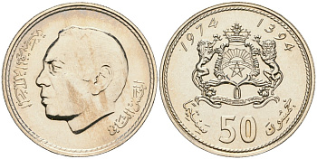 Марокко 50 сантимов 1974 АН 1394, Аль Хассан II (1962-1999) KM 62 медно-никель UNC 4592-825