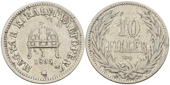 Венгрия 10 филлеров 1895 КВ, Франц Иосиф I (1848-1916) KM 482 никель 201-232