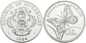Сейшельские острова 25 рупий 1994 серия защита окружающей среды, бабочка, тираж 20000 экз. KM 74 серебро PROOF 00-00