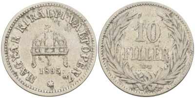 Венгрия 10 филлеров 1895 КВ, Франц Иосиф I (1848-1916) KM 482 никель 201-232