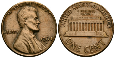 США 1 цент 1964 D KM 201 медь цинк 4136-958