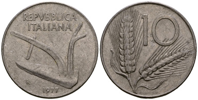 Италия 10 лир 1977 R, колосья, плуг KM 93 алюминий 4138-552