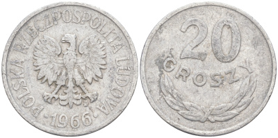 ПОЛЬША 20 ГРОШЕЙ 1966 MW KM А47 алюминий 106-434