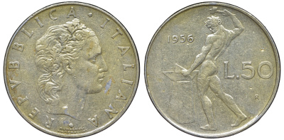 Италия 50 лир 1956 R, бог огня Вулкан у наковальни KM 95.1 нержавеющая сталь 4142-1146