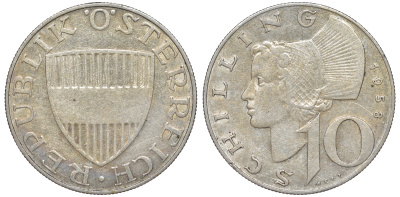 Австрия 10 шиллингов 1958 KM 2882 серебро 4178-1141