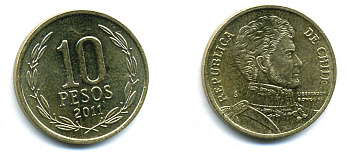 ЧИЛИ 10 ПЕСО 2011 ГЕНЕРАЛ БЕРНАРДО О ХИГГИНС KM 228.2 никель-бронза 37-1136