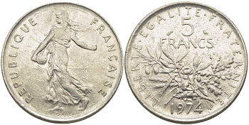 ФРАНЦИЯ 5 ФРАНКОВ 1974 СЕЯТЕЛЬ KM 926а.1, LE FRANC 341.6 медно-никель плакированный никелем 111-1143