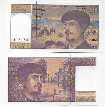 Франция 20 франков 1997 Клод Дебюсси Pick 151i бумага UNC (пресс) 450-96-1