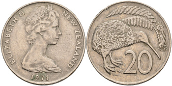 Новая Зеландия 20 центов 1971 Елизавета II (1952-2022), птичка киви KM 36.1 медно-никель 4131-1125