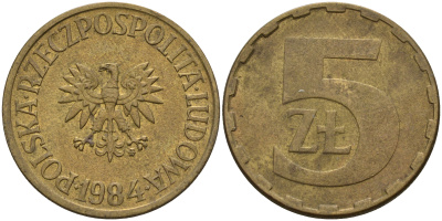 Польша 5 злотых 1984 MW KM 81.1, Parchimowicz 221i латунь 4161-631