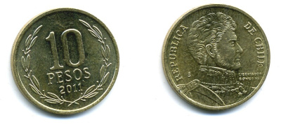 ЧИЛИ 10 ПЕСО 2011 ГЕНЕРАЛ БЕРНАРДО О ХИГГИНС KM 228.2 никель-бронза 37-1136