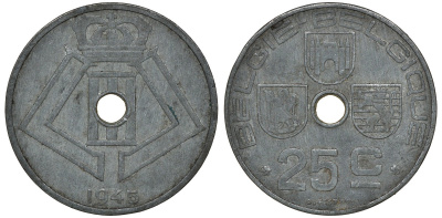 Бельгия 25 сантимов 1945 Belgie-Belgique, Леопольд III (1934-1947), германская оккупация KM 132 цинк 4163-637