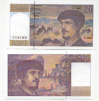 Франция 20 франков 1997 Клод Дебюсси Pick 151i бумага UNC (пресс) 450-96-1