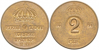 Швеция 2 эре 1971 Густав VI Адольф (1950-1973) КМ 821 бронза 77-523