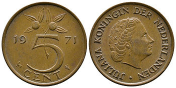 НИДЕРЛАНДЫ 5 ЦЕНТОВ 1971 ЮЛИАНА KM 181 бронза 261-956
