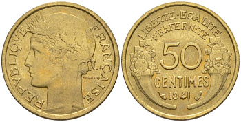 ФРАНЦИЯ 50 САНТИМОВ 1941 ТИП MORLON KM 894.1, LE FRANC 192.18 алюминиевая бронза 44-417