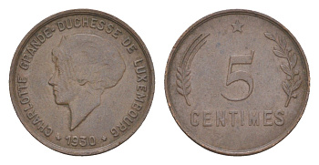 Люксембург 5 сантимов 1930 Шарлотта (1918-1964) KM 40 бронза 4115-341
