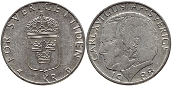 Швеция 1 крона 1988 Карл XVI Густав (1973- ) KM 852a медно-никель 4397-1217