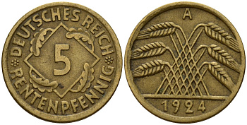 Германия 5 рентенпфеннигов 1924 A KM 32, J. 308 алюминиевая бронза 4189-836