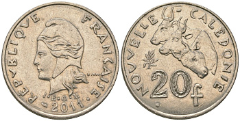 Французская Новая Каледония 20 франков 2011 три быка, (IEOM) KM 12a, Schoen 14a, Lec 115j медно-никель 84-1035