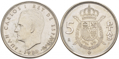 ИСПАНИЯ 5 ПЕСЕТ 1989 ХУАН КАРЛОС I (1975-) KM 823 медно-никель 4402-1237