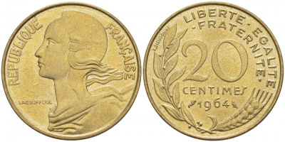 ФРАНЦИЯ 20 САНТИМОВ 1964 ТИП MARIANNE KM 930, LE FRANC 156.4 алюминиевая бронза 3856-1112