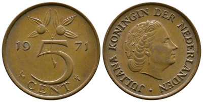НИДЕРЛАНДЫ 5 ЦЕНТОВ 1971 ЮЛИАНА KM 181 бронза 261-956