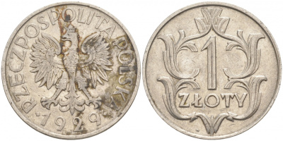 ПОЛЬША 1 ЗЛОТЫЙ 1929 w KM 14 никель 68-357