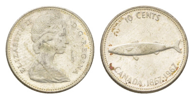 Канада 10 центов 1967 рыба, 100 лет Конфедерации Канада, Ссеребро 0.800, вес 2,3 гр, диаметр 18,3 мм KM 67 серебро 4623-955