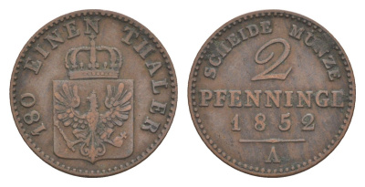 Пруссия 2 пфеннига 1852 A, Фридрих Вильгельм IV (1840-1861) KM 452, Jaeger 51, Olding 336, AKS 91 медь 4651-268